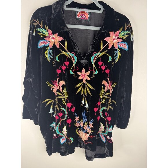 Johnny Was Amarylla Velvet Pop Over Shirt Size S Black Colorful Embroidered - Picture 5 of 8